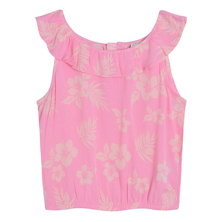 Pink floral sleeveless crop top with ruffle neckline