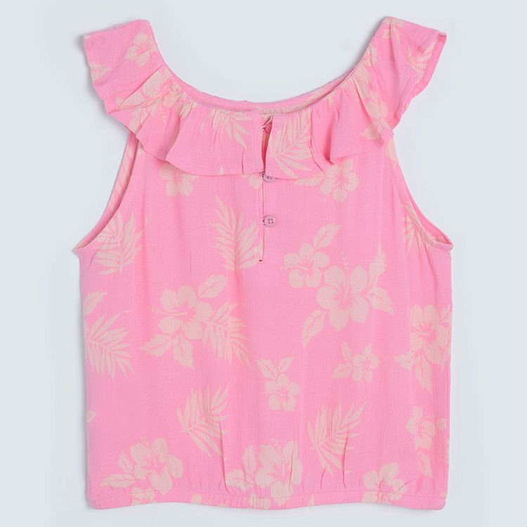 Pink floral sleeveless crop top with ruffle neckline