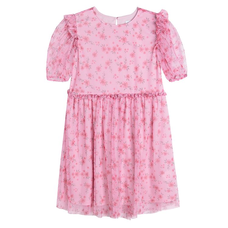 Pink floral puffy short sleeve party summer dress