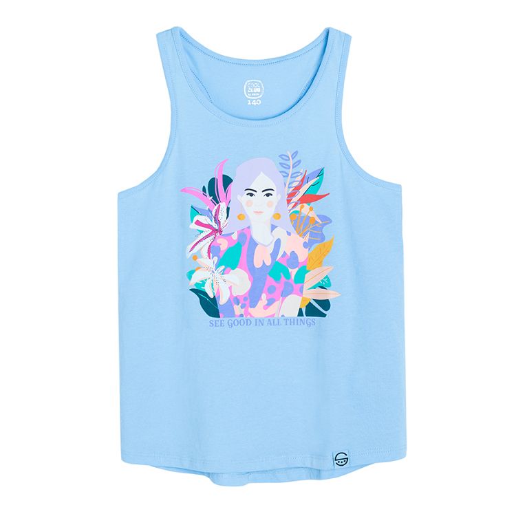 Light blue sleeveless T-shirt with woman and flowers SEE GOOS IN ALL THINGS print