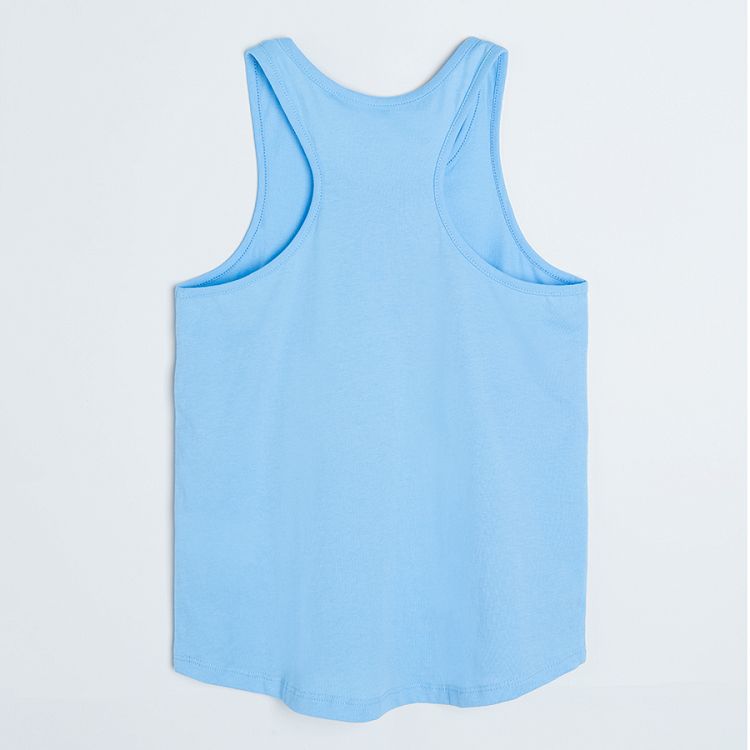 Light blue sleeveless T-shirt with woman and flowers SEE GOOS IN ALL THINGS print