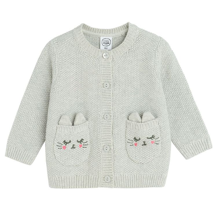 Grey button down cardigan with kittens embroidered on the side pockets