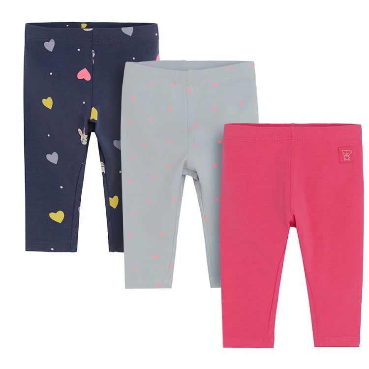 Dark blue with hearts and bunnies, fuchsia and light blue with small hears leggings- 3 pack