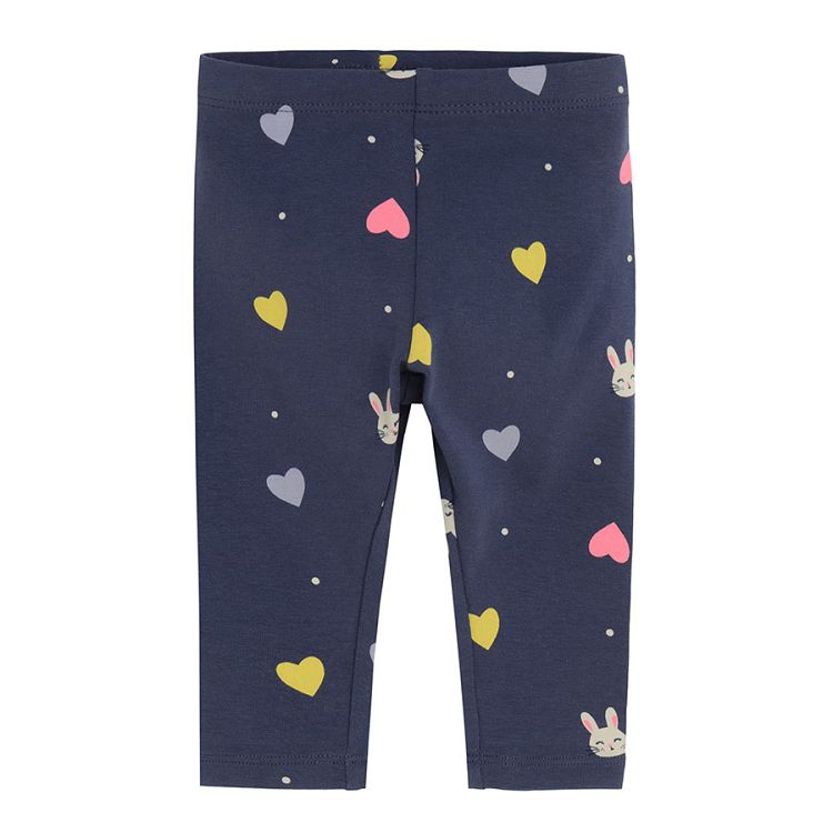 Dark blue with hearts and bunnies, fuchsia and light blue with small hears leggings- 3 pack