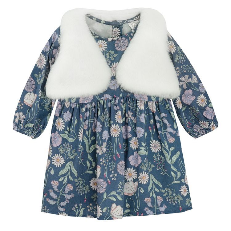 Blue floral long sleeve dress with fur like short vest