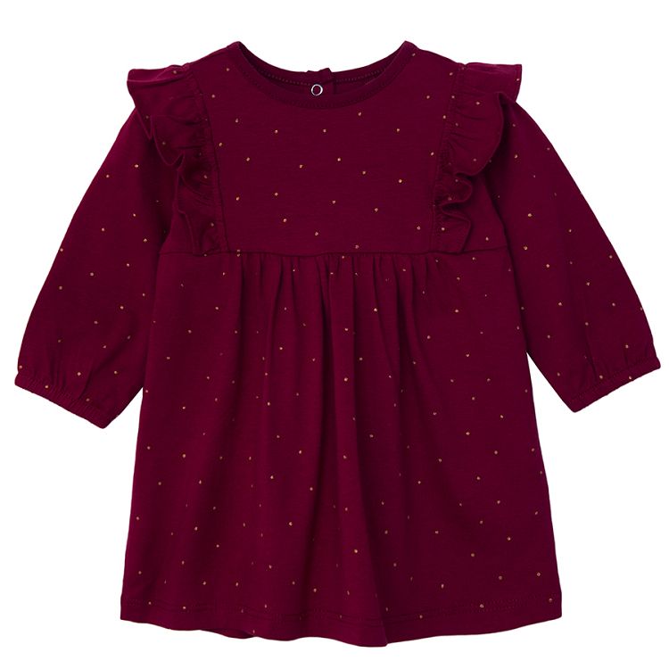 Burgundy polka dot long sleeve dress with ruffles on the shoulders