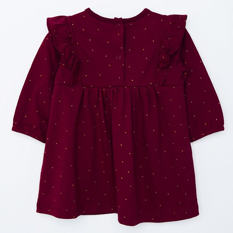 Burgundy polka dot long sleeve dress with ruffles on the shoulders