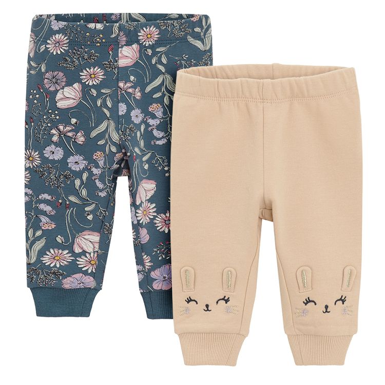 Blue floral and ecru with bunny prints jogging pants- 2 pack