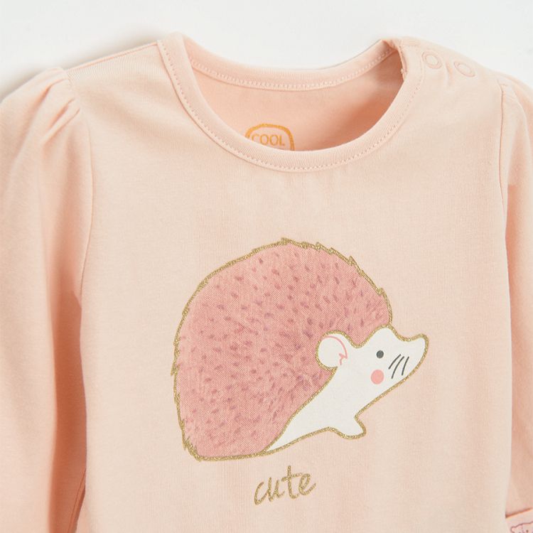 Pink long sleeve bodysuit with hedgehog print