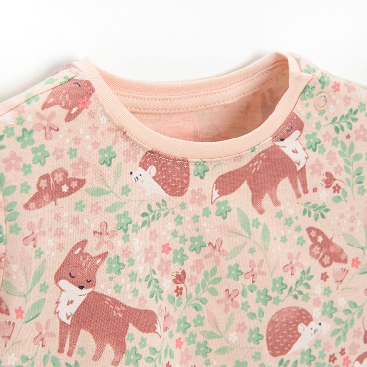 Light pink long sleeve dress with forest animals print