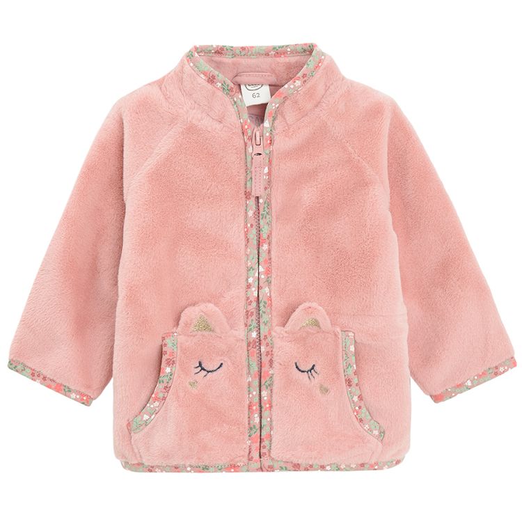 Pink zip through fleece jacket with kitten prints