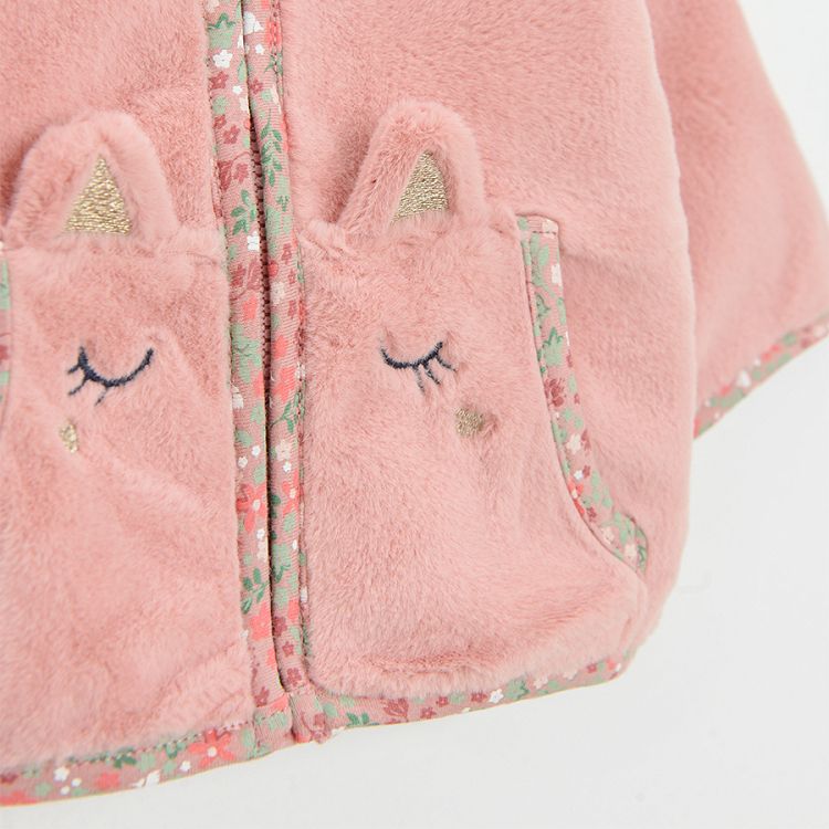 Pink zip through fleece jacket with kitten prints