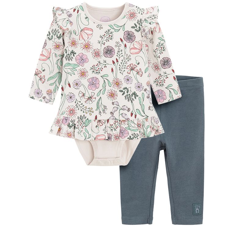 White floral long sleeve bodysuit with ruffle and blue leggings set