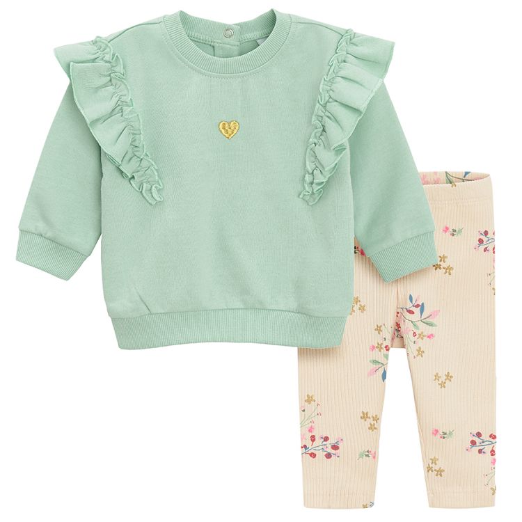 Teal sweatershirt with ruffles on the arms and floral leggings clothing set