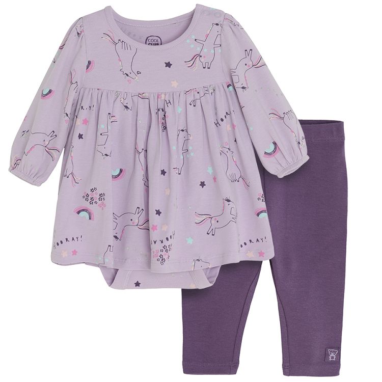 Purple dress bodysuit with unicorn print and purple leggings set