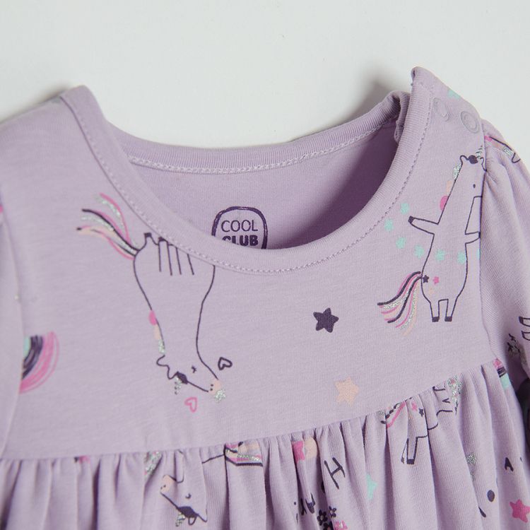 Purple dress bodysuit with unicorn print and purple leggings set