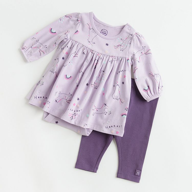 Purple dress bodysuit with unicorn print and purple leggings set