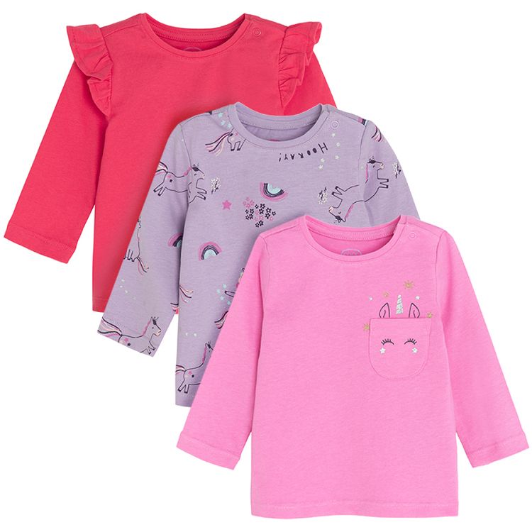 Pink and purple long sleeve blouses with unicorn print- 3 pack