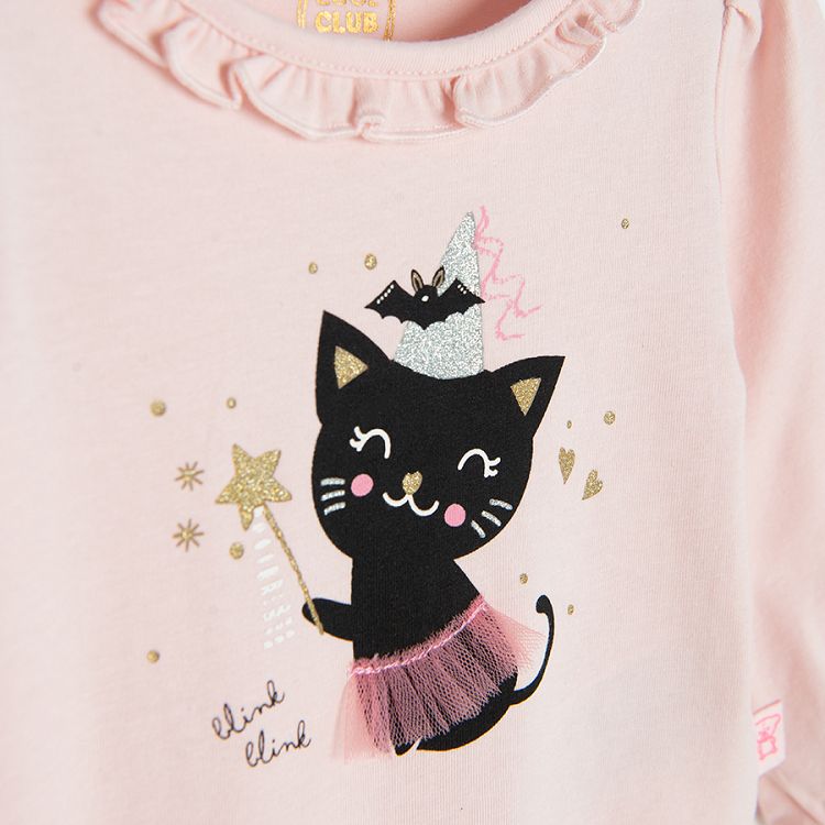 Light pink long sleeve bodysuit with black cat print