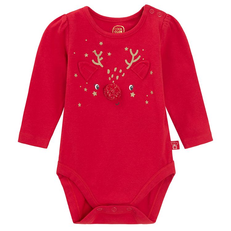 Red long sleeve bodysuit with raindeer print