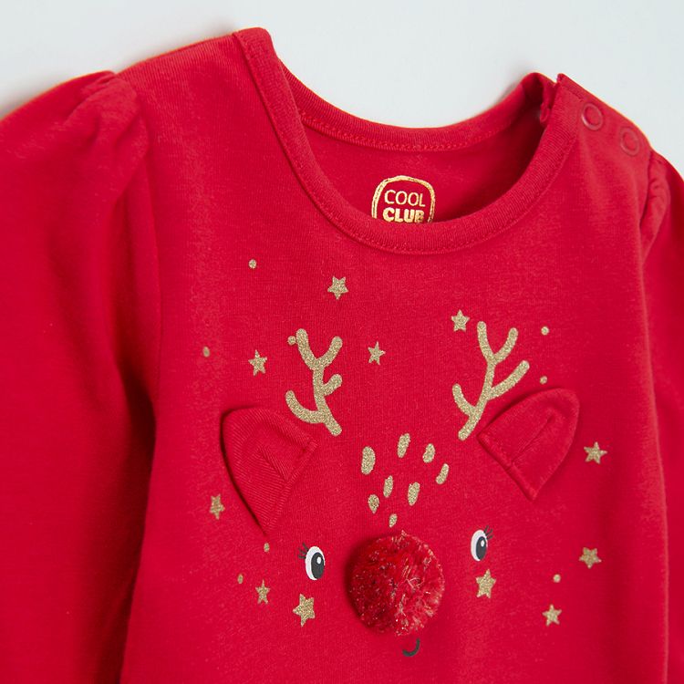 Red long sleeve bodysuit with raindeer print