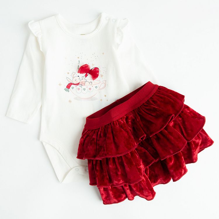 White long sleeve bodysuit with mouse in a cup print and red skirt with ruffles