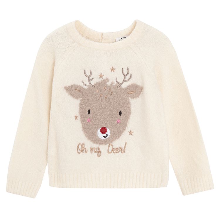 White sweater with raindeer print and ruffle at the bottom