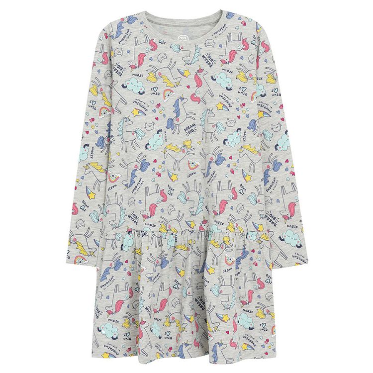 Grey melange long sleeve dress with unicorn print