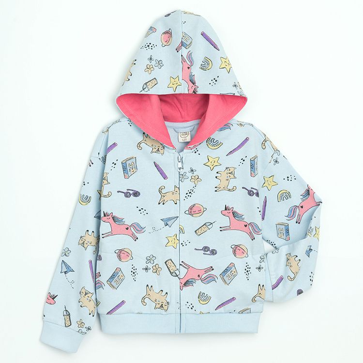 Light blue hooded zip through seatshirt with various print