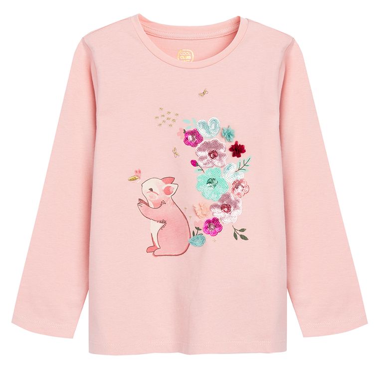 Pink long sleeve blouse with mouse and flowers print