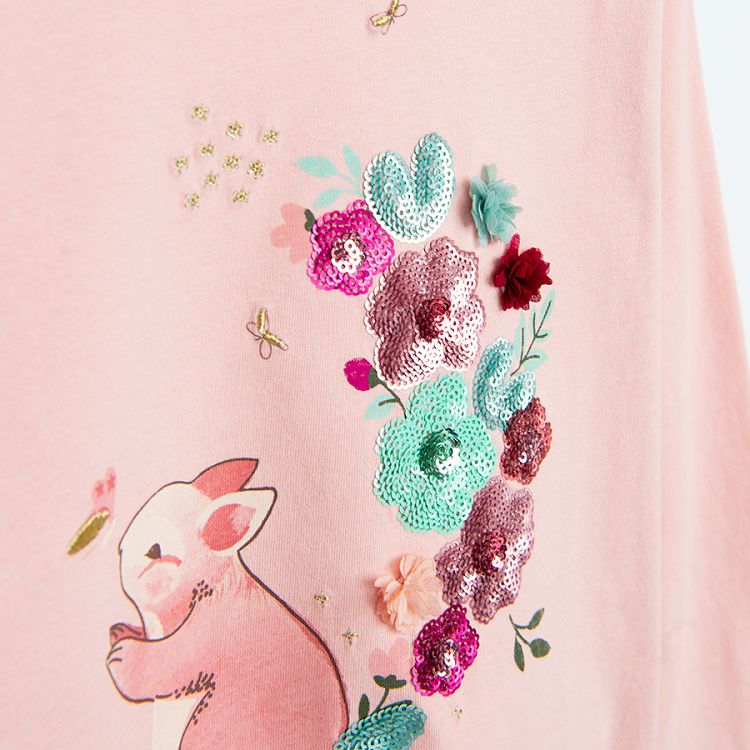 Pink long sleeve blouse with mouse and flowers print