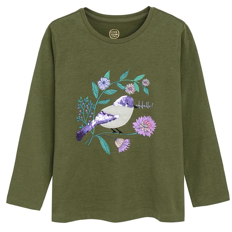 Green long sleeve blouse with bird print