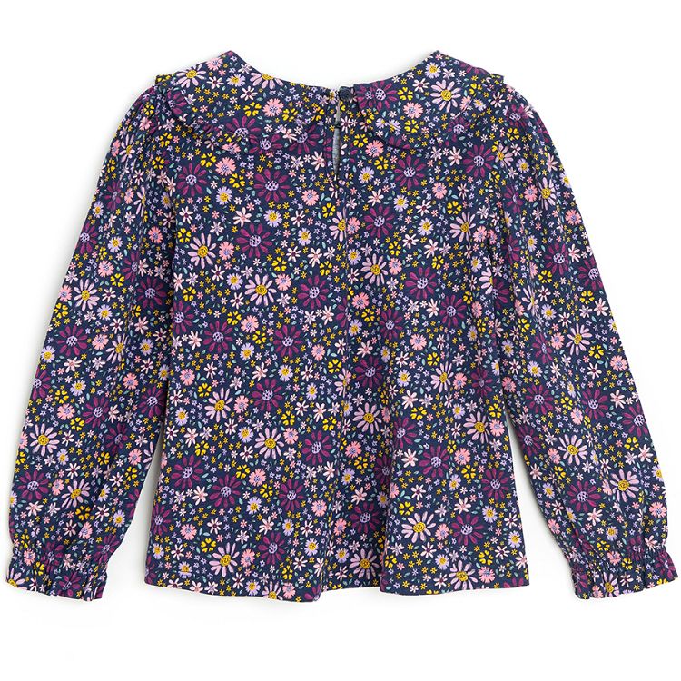 Blue floral long sleeve blouse with round collar