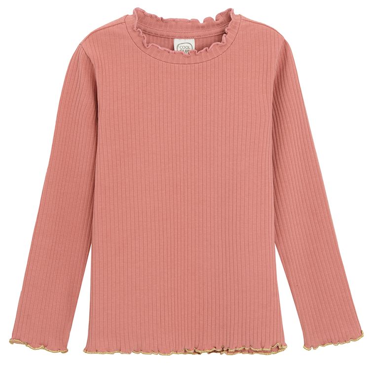 Pink fitted long sleeve blouse with gold thread at the bottom and the sleeves