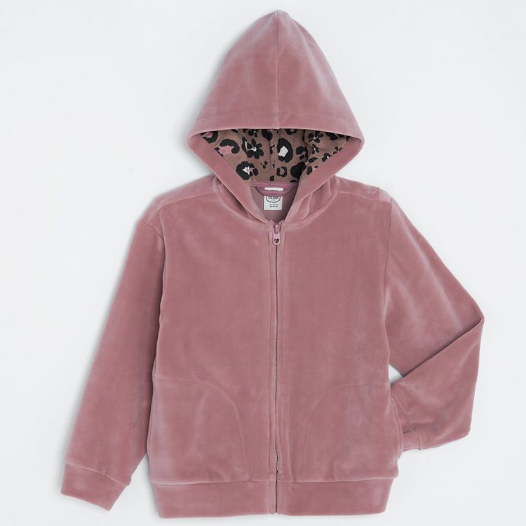 Velvet zip through sweatshirt with animal print lining on the hood