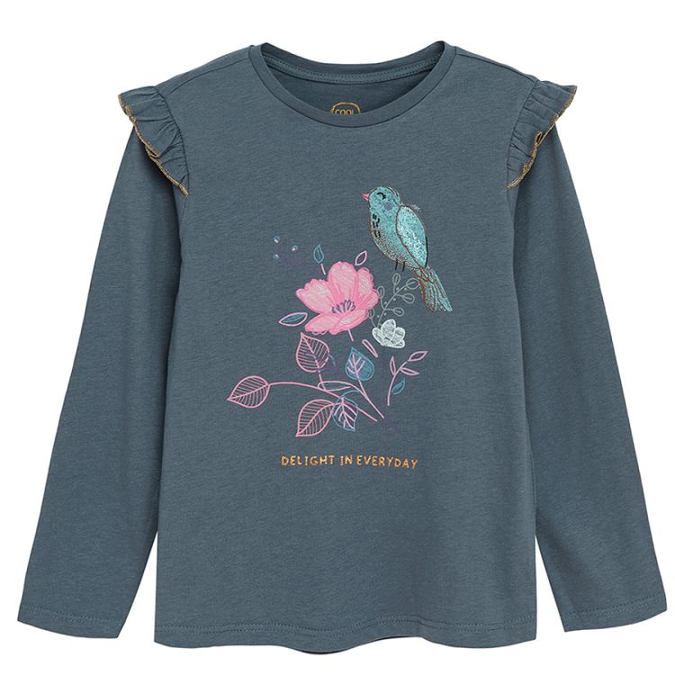 Blue long sleeve blouse with bird and flowers print