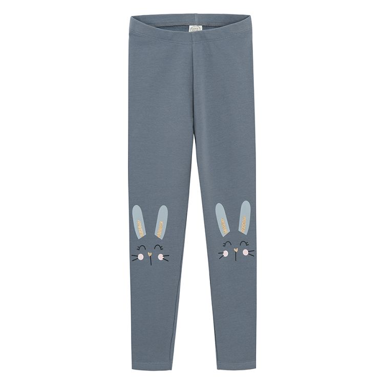 Blue leggings with bunnies print on the knees