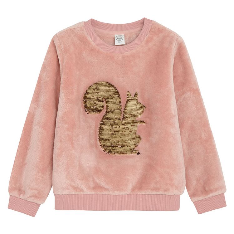 Pink sweathsirt with interactive sequin squirrel print