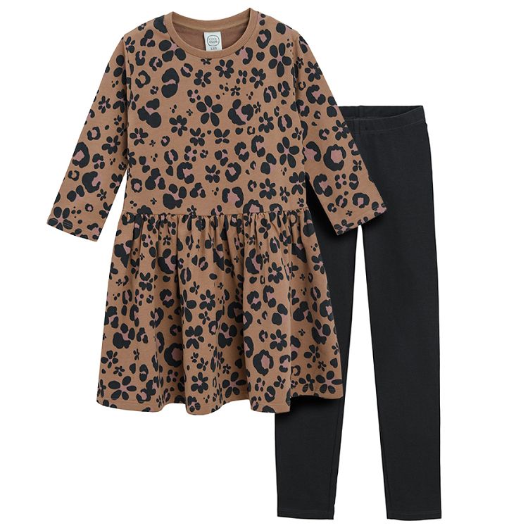 Brown animal print long sleeve dress with black leggings set