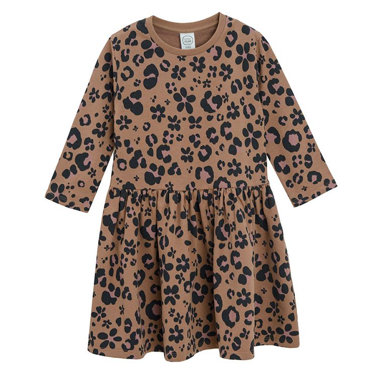 Brown animal print long sleeve dress with black leggings set