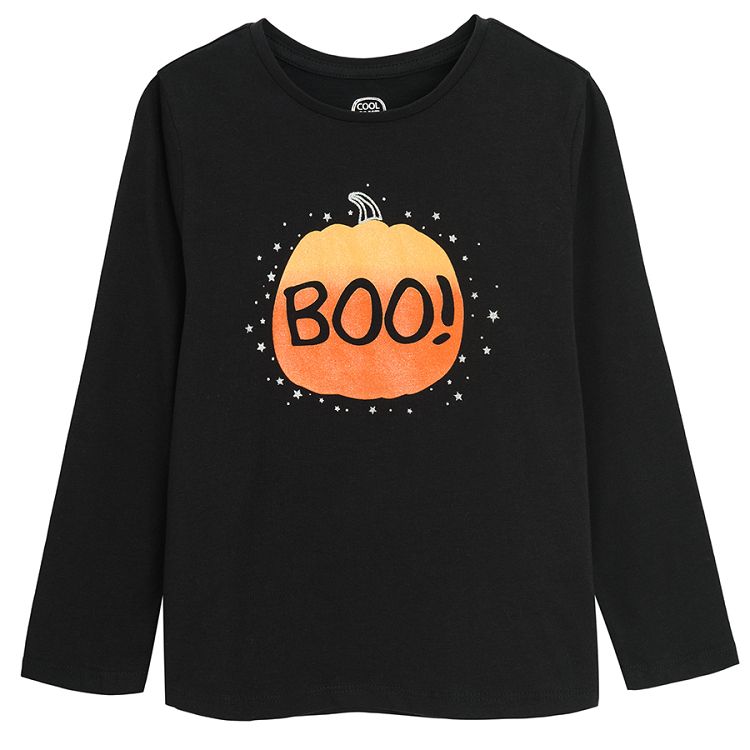 Black Halloween long sleeve blouse with pumpkin BOO print