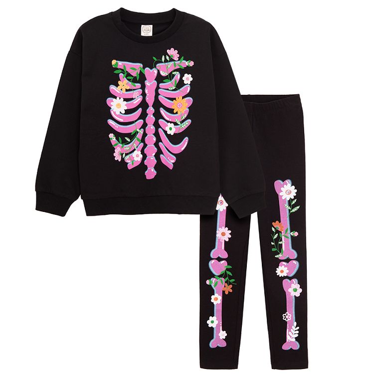 Black jogging set with skeleton with flowers print