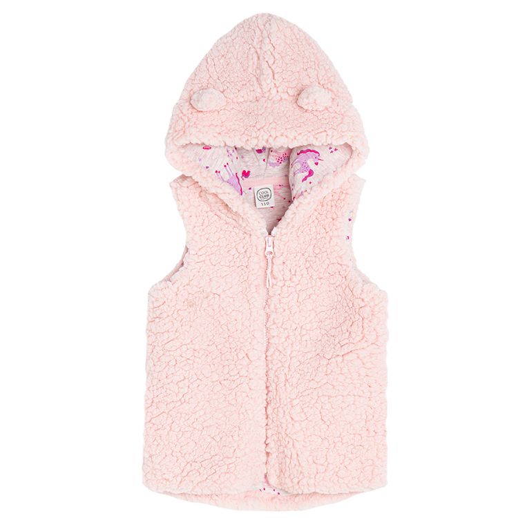 Pink hooded zip through hooded vest with floral lining