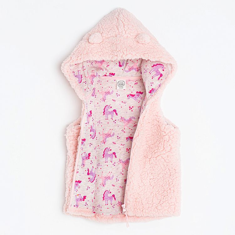 Pink hooded zip through hooded vest with floral lining