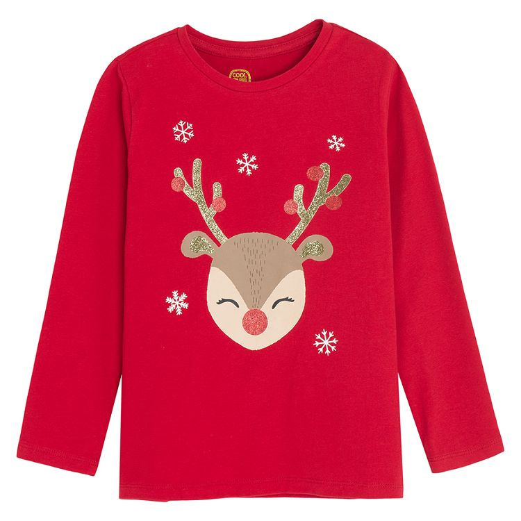 Red long sleeve blouse with raindeer print