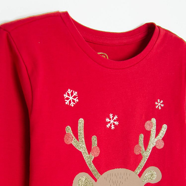 Red long sleeve blouse with raindeer print