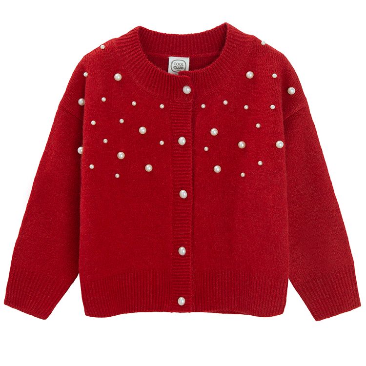 Red cardigan with white pearls