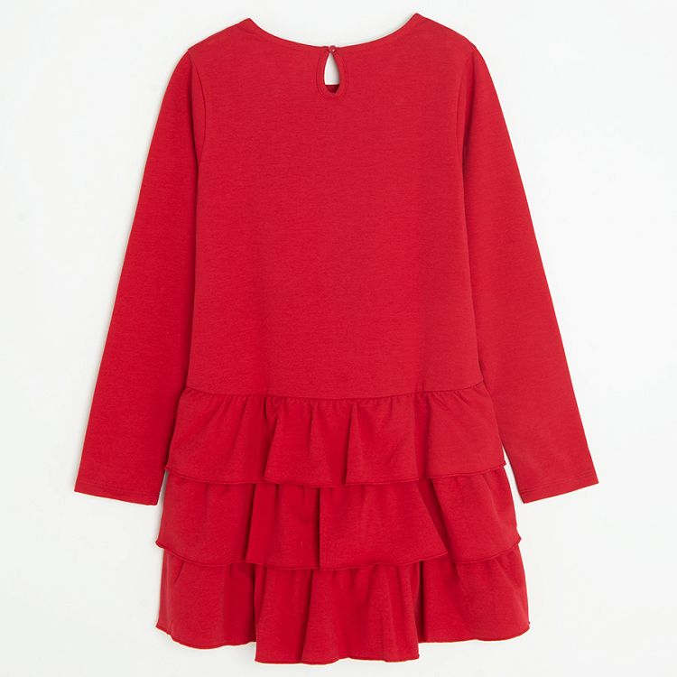 Red long sleeve party dress with ruffles skirt