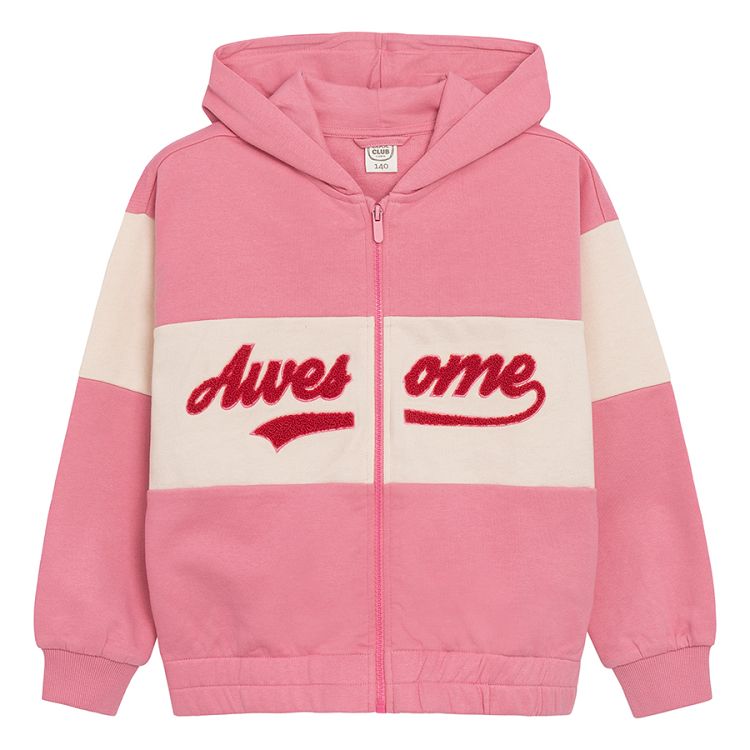 White and pink hooded seatshirt with 'Awesome' print