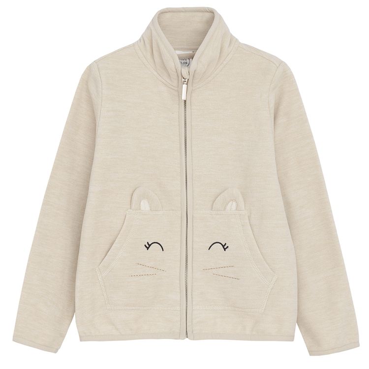 Ecru zip through jacket with kitten print at pockets